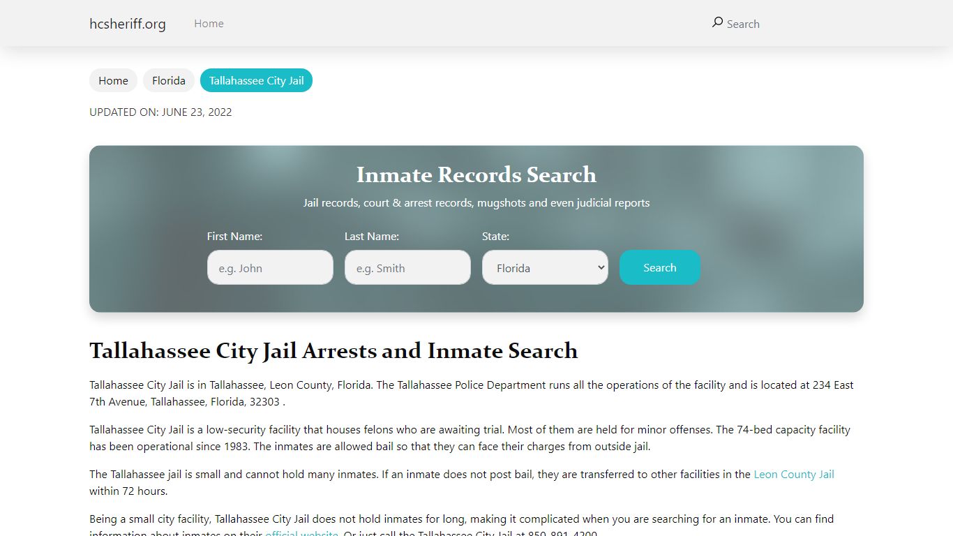 Tallahassee City Jail Arrests and Inmate Search