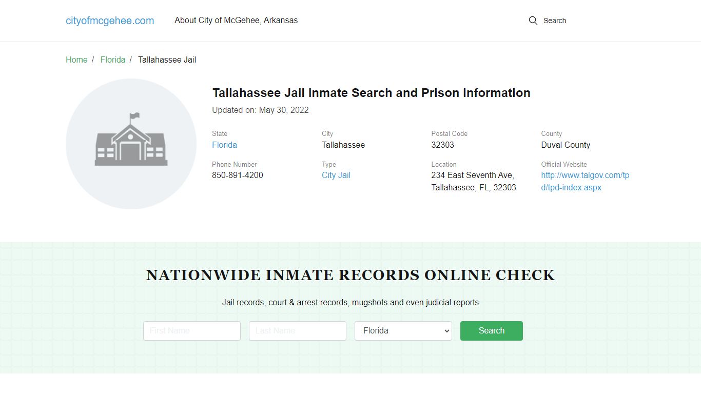 Tallahassee Jail Inmate Search and Prison Information - McGehee, Arkansas